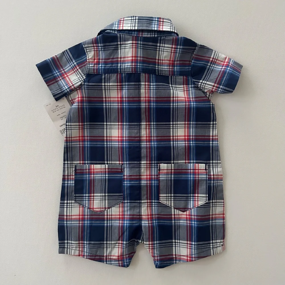 Carter’s 3 Months Baby Boy July 4th Plaid Romper Blue Red White NWT Patriotic